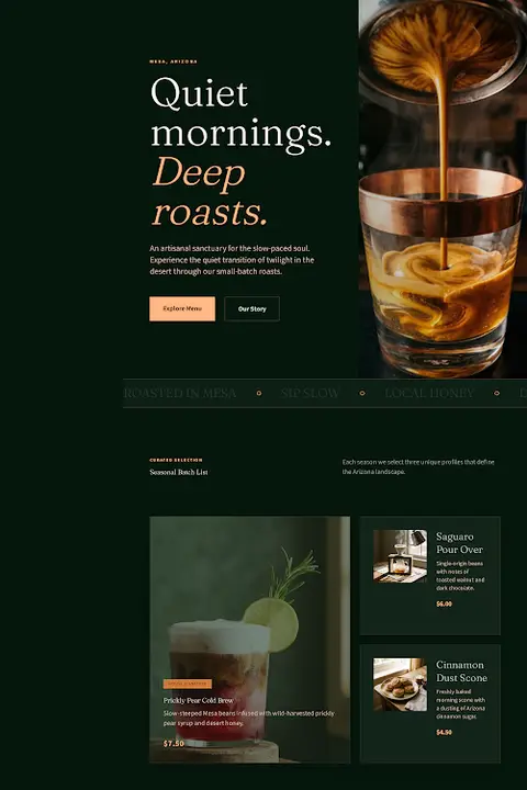 Desert Velvet & Copper — Coffee Shop website design