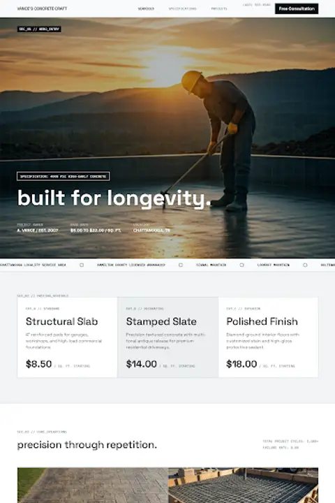 Architectural Field Specification — Concrete Contractor website design