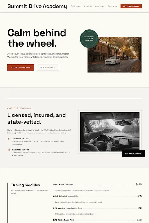 Road Manual Aesthetic — Driving School website design