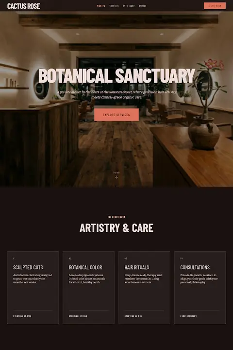 Botanical Sanctuary Editorial — Hair Salon website design