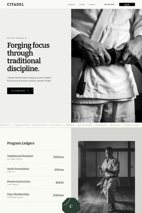 The Disciplined Canvas — Martial Arts Studio website design
